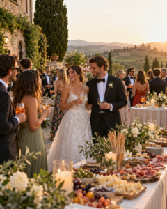 Ricevimento nuziale al tramonto in villa toscana